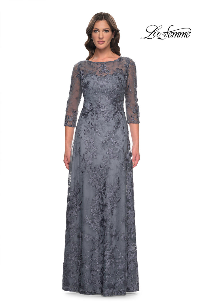 Picture of: Lace Mother of the Bride Dress with Illusion Neckline and Sleeves in Slate Blue, Style: 30060, Main Picture