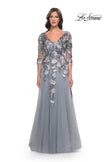 Picture of: Tulle A-Line Gown with Beautiful Lace Applique and Sheer Sleeves in Slate Blue, Style: 30968, Main Picture