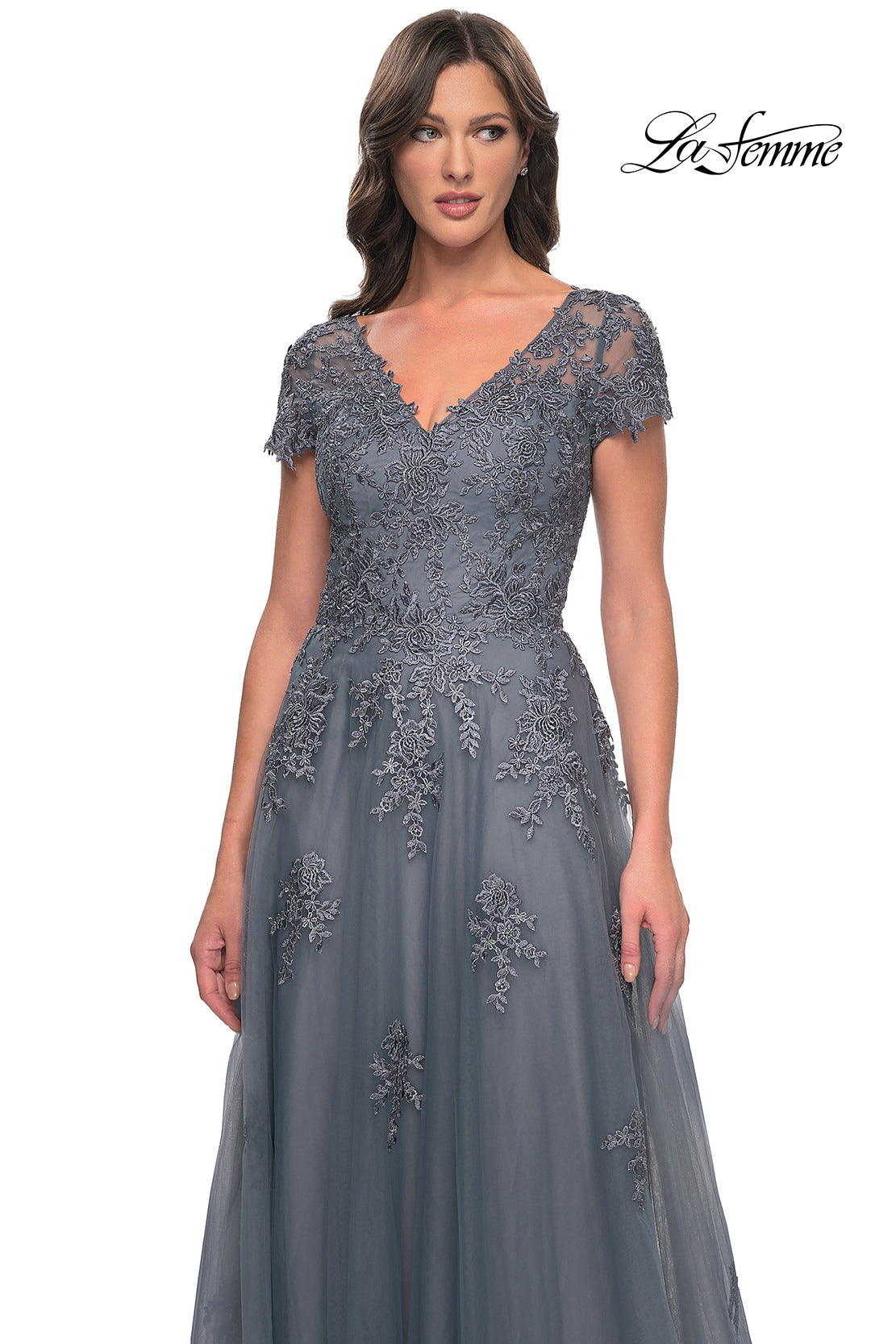 Picture of: A-Line Tulle Gown with Lace Applique and Short Sleeves in Slate Blue, Style: 30228, Detail Picture 8