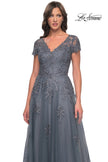 Picture of: A-Line Tulle Gown with Lace Applique and Short Sleeves in Slate Blue, Style: 30228, Detail Picture 8