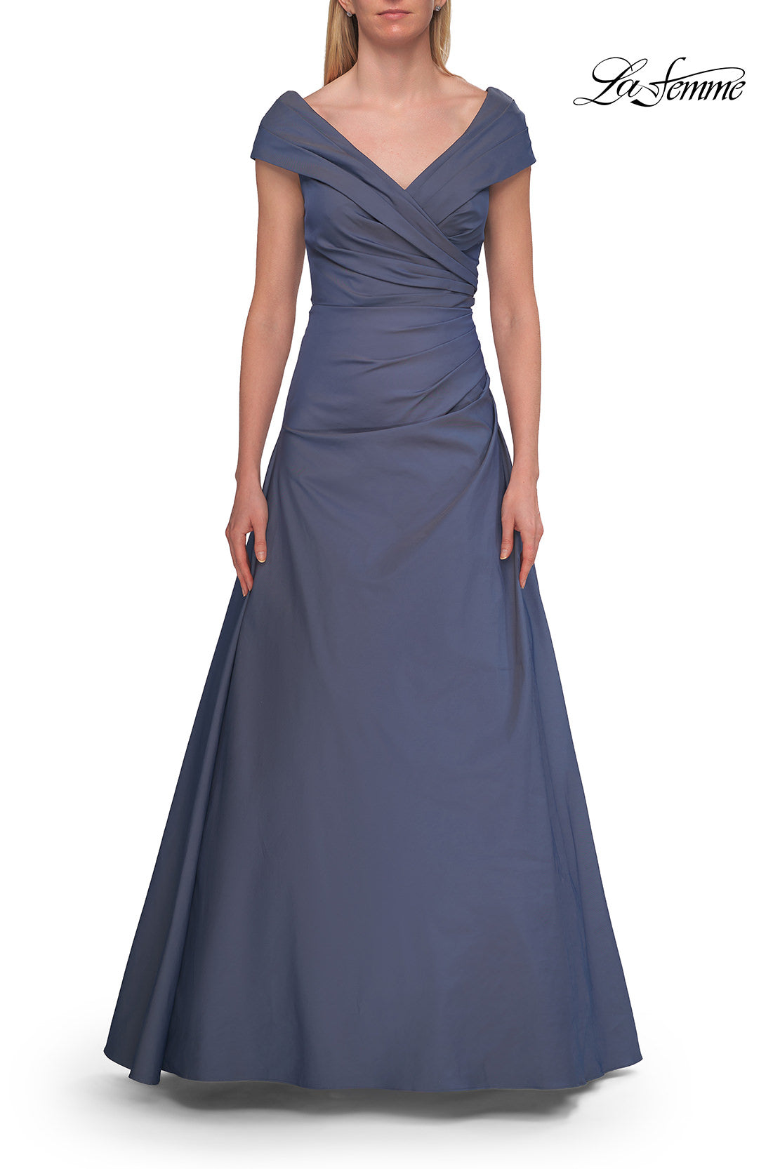Picture of: Off-the-Shoulder Stretch Taffeta A-Line Gown in Slate Blue, Style: 33446, Detail Picture 13