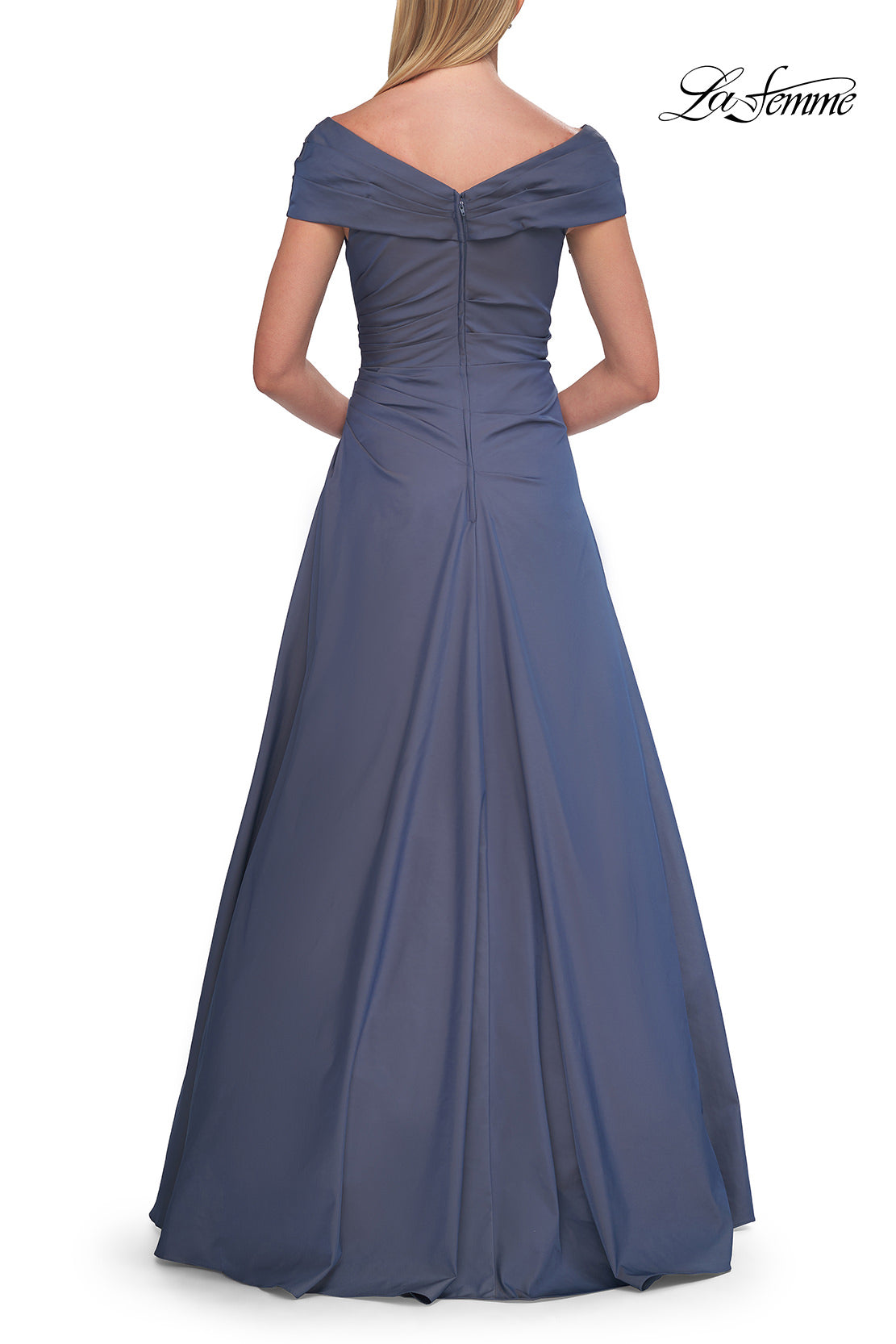 Picture of: Off-the-Shoulder Stretch Taffeta A-Line Gown in Slate Blue, Style: 33446, Detail Picture 14