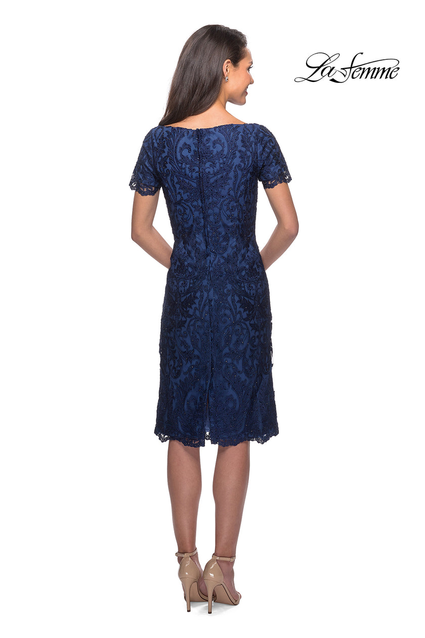 Picture of: Lace Short Dress with Short Sleeves and Rhinestones in Slate Blue, Style: 25633, Back Picture