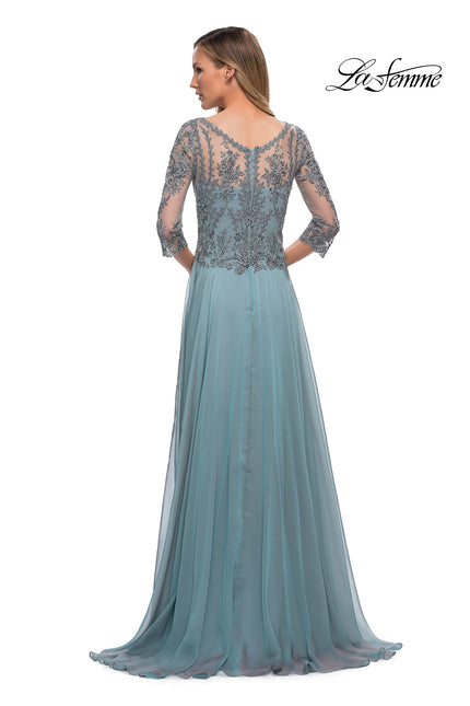 Picture of: Chiffon Dress with Sheer Lace Three-Quarter Sleeves in Slate Blue, Back Picture