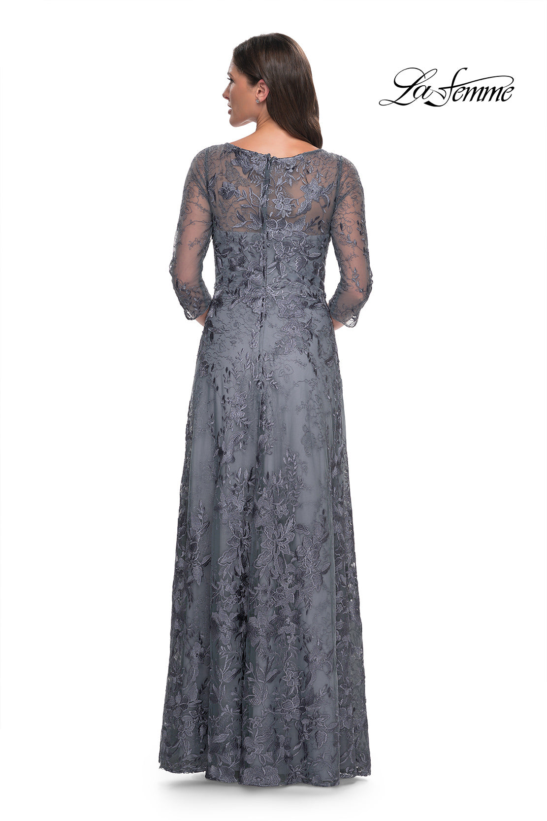 Picture of: Lace Mother of the Bride Dress with Illusion Neckline and Sleeves in Slate Blue, Style: 30060, Back Picture