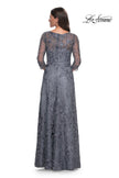 Picture of: Lace Mother of the Bride Dress with Illusion Neckline and Sleeves in Slate Blue, Style: 30060, Back Picture