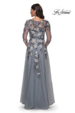 Picture of: Tulle A-Line Gown with Beautiful Lace Applique and Sheer Sleeves in Slate Blue, Style: 30968, Back Picture