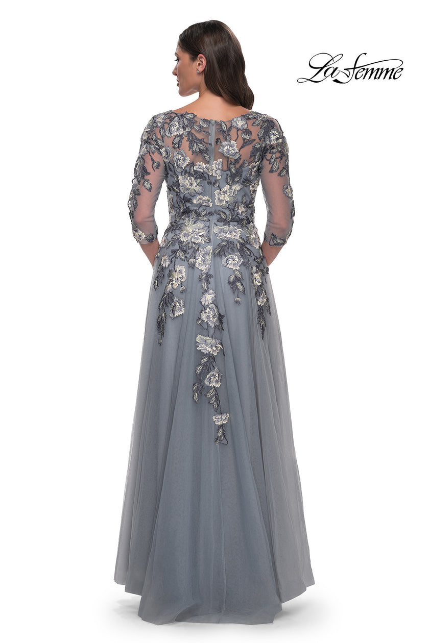 Picture of: Tulle A-Line Gown with Beautiful Lace Applique and Sheer Sleeves in Slate Blue, Style: 30968, Back Picture