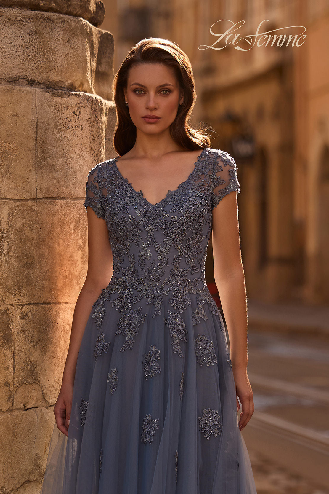 Picture of: Tulle A Line Gown with Lace Applique and V Neck, Style: 29380, Detail Picture 1