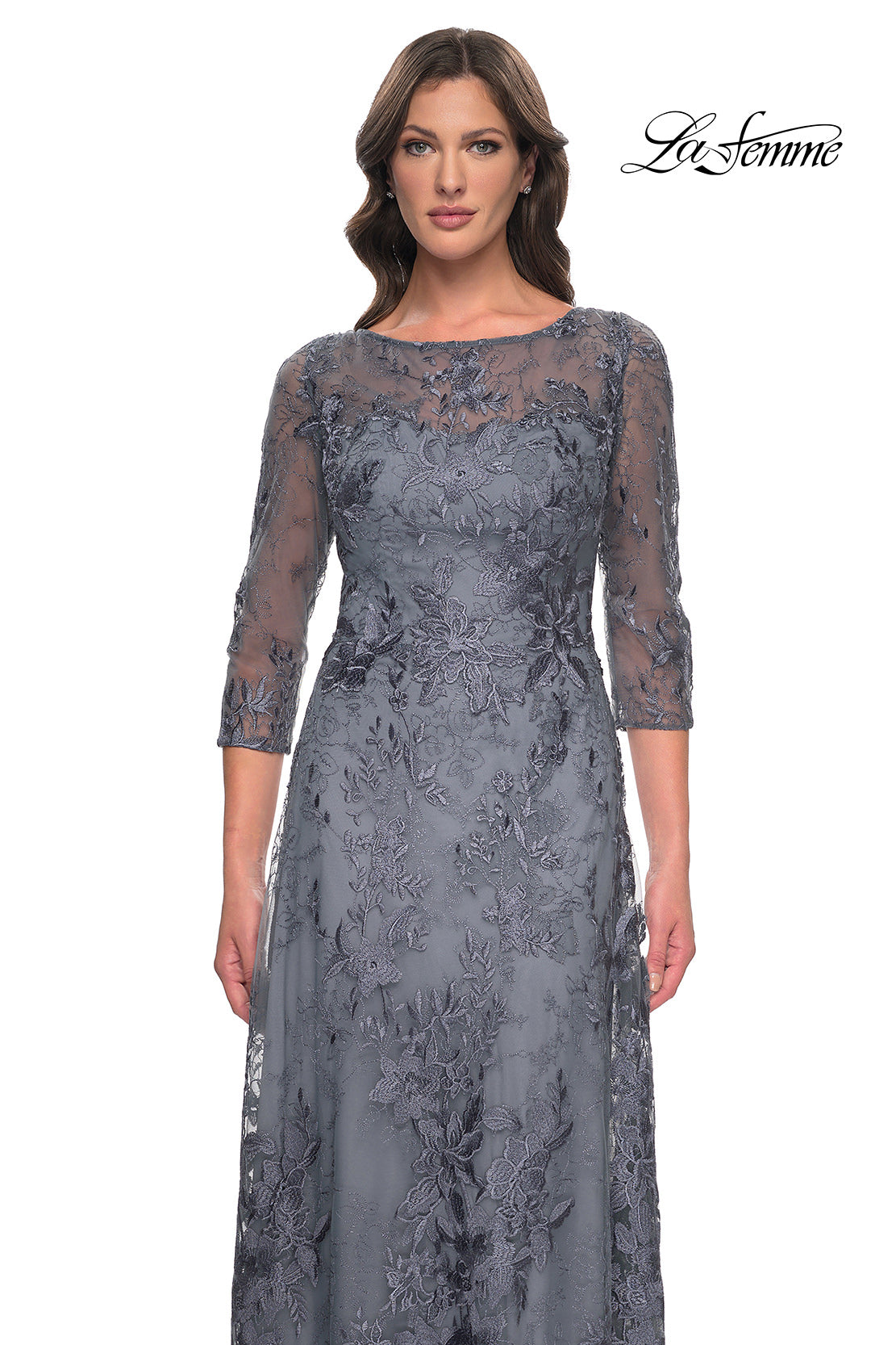 Picture of: Lace Mother of the Bride Dress with Illusion Neckline and Sleeves in Slate Blue, Style: 30060, Detail Picture 1
