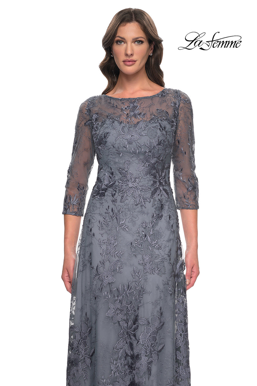 Picture of: Lace Mother of the Bride Dress with Illusion Neckline and Sleeves in Slate Blue, Style: 30060, Detail Picture 1