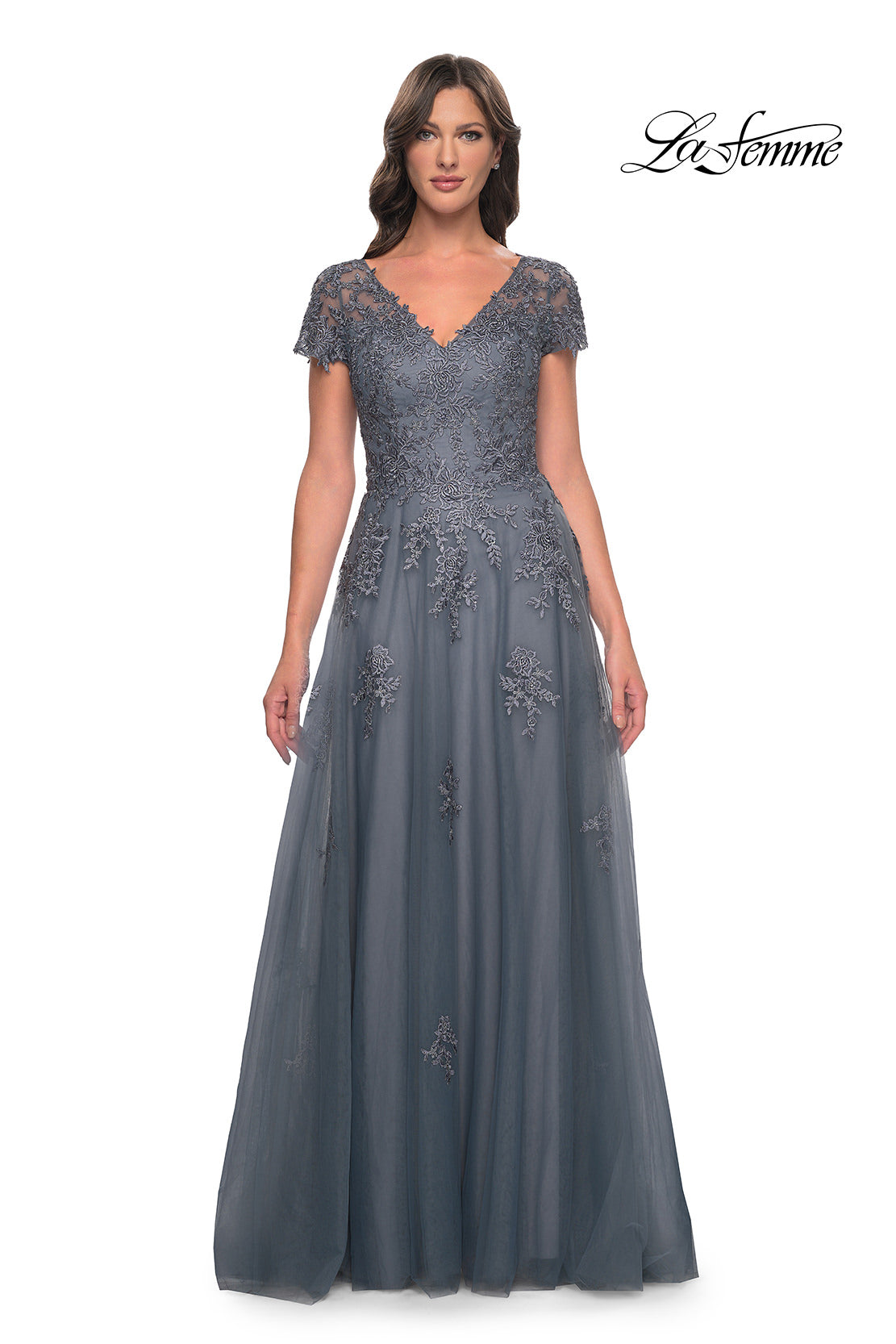 Picture of: A-Line Tulle Gown with Lace Applique and Short Sleeves in Slate Blue, Style: 30228, Detail Picture 1