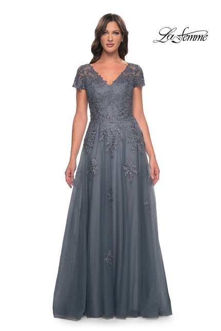 Picture of: A-Line Tulle Gown with Lace Applique and Short Sleeves in Slate Blue, Style: 30228, Detail Picture 1