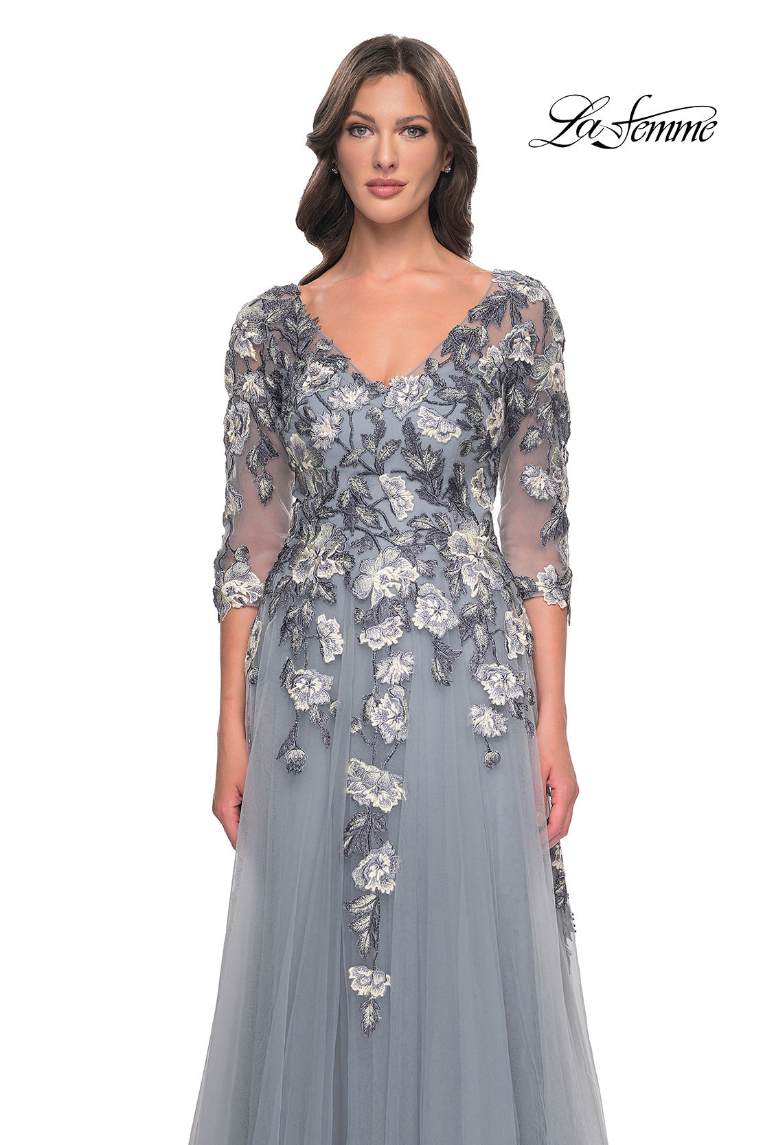 Picture of: Tulle A-Line Gown with Beautiful Lace Applique and Sheer Sleeves in Slate Blue, Style: 30968, Detail Picture 1