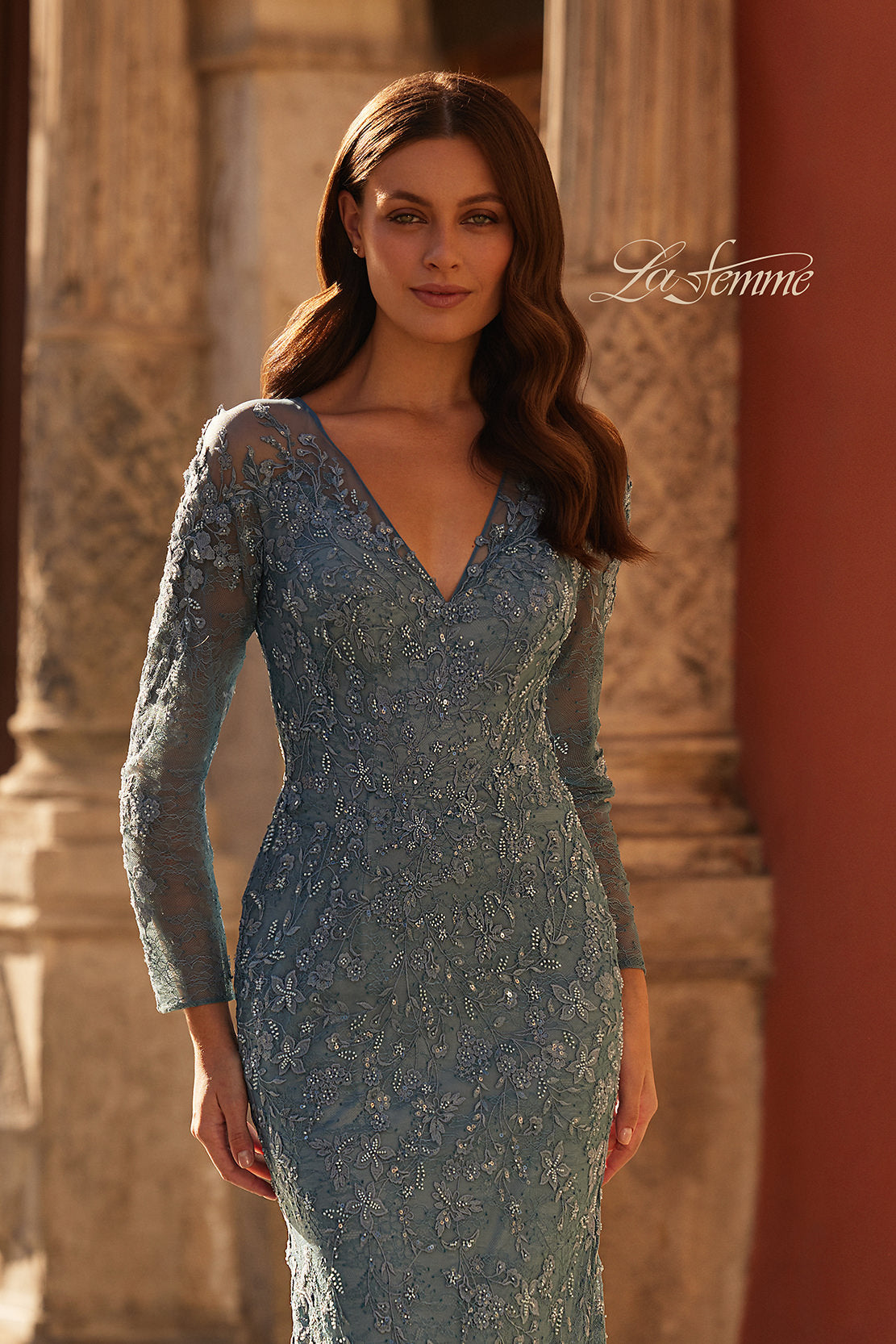 Picture of: Gorgeous Lace Fitted Gown with Illusion Long Sleeves in Slate Blue, Style: 32611, Detail Picture 1