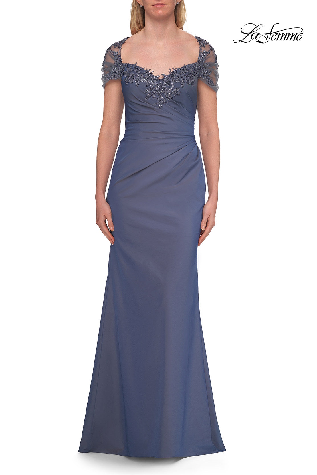 Picture of: Embroidered Lace Sleeve Gown with Keyhole Back in Slate Blue, Style: 33579, Detail Picture 1