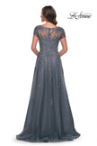 Picture of: A-Line Tulle Gown with Lace Applique and Short Sleeves in Slate Blue, Style: 30228, Detail Picture 2