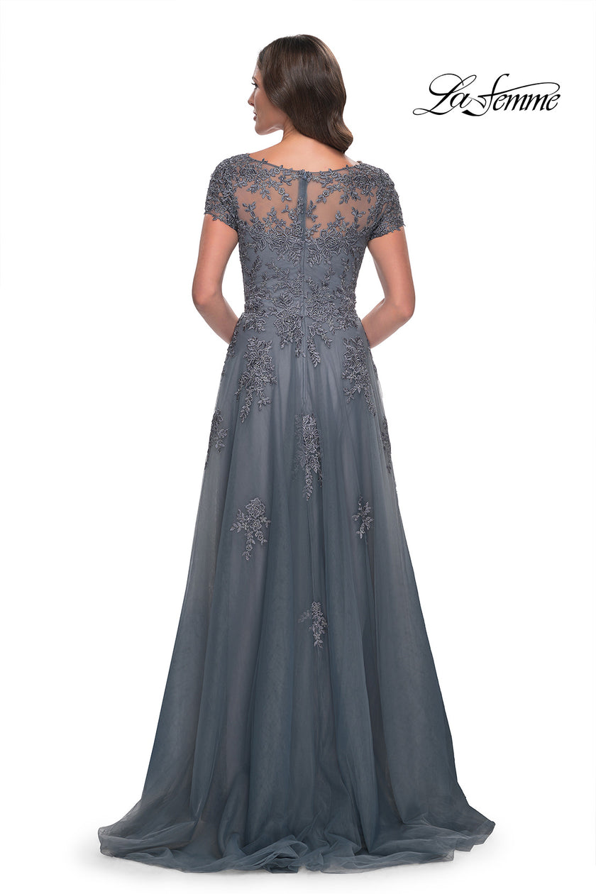Picture of: A-Line Tulle Gown with Lace Applique and Short Sleeves in Slate Blue, Style: 30228, Detail Picture 2