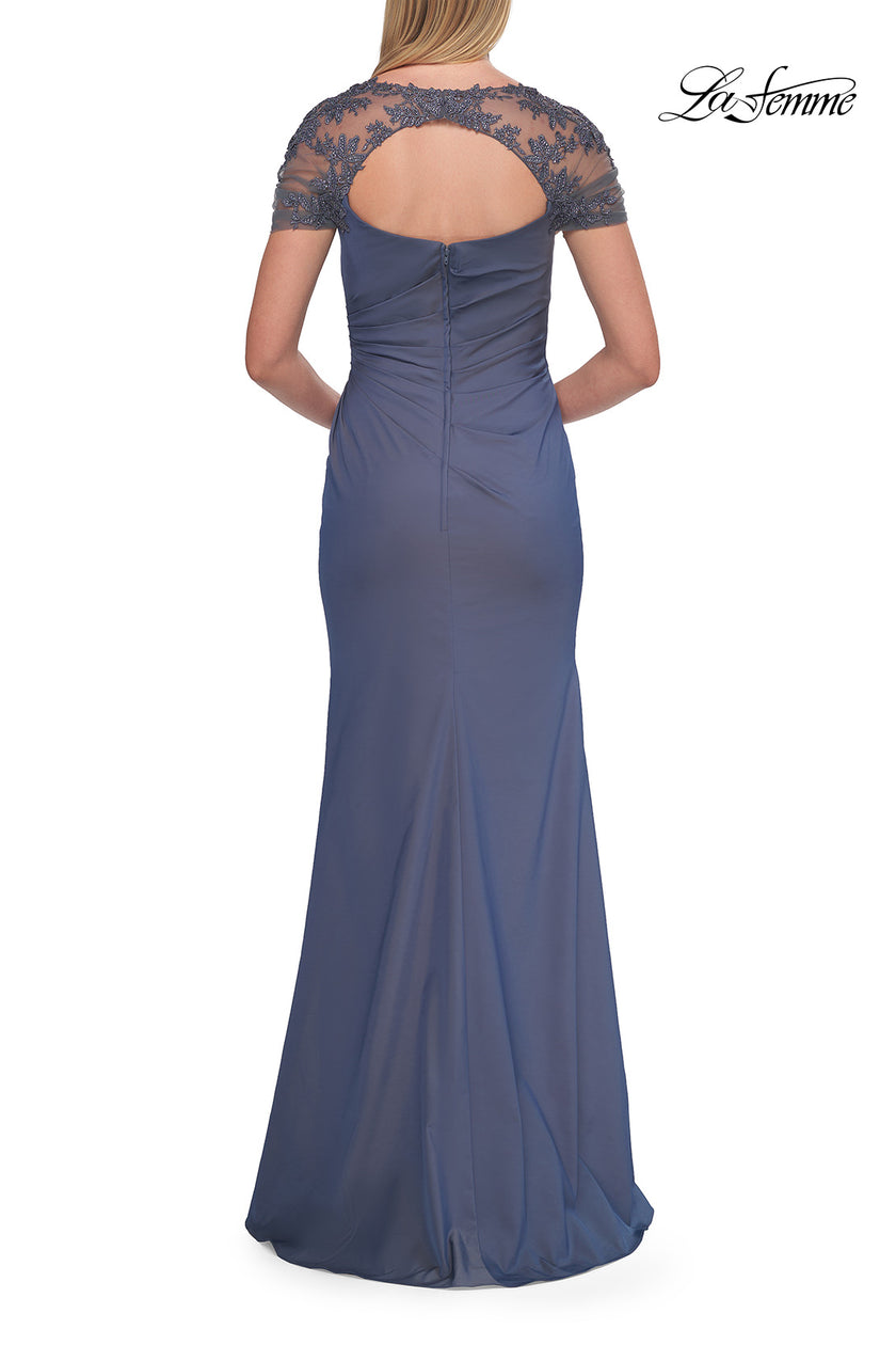 Picture of: Embroidered Lace Sleeve Gown with Keyhole Back in Slate Blue, Style: 33579, Detail Picture 2