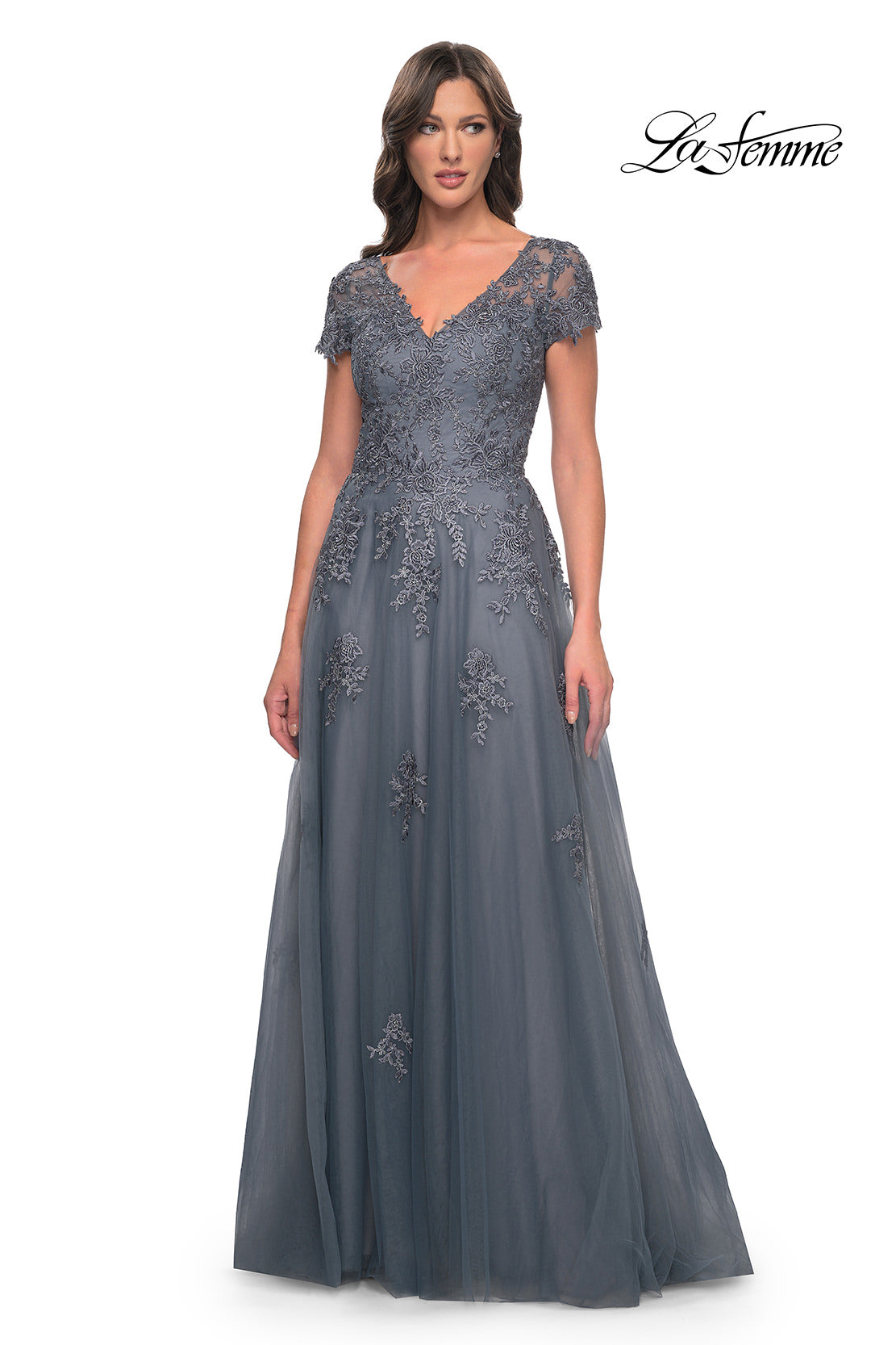 Picture of: A-Line Tulle Gown with Lace Applique and Short Sleeves in Slate Blue, Style: 30228, Detail Picture 3