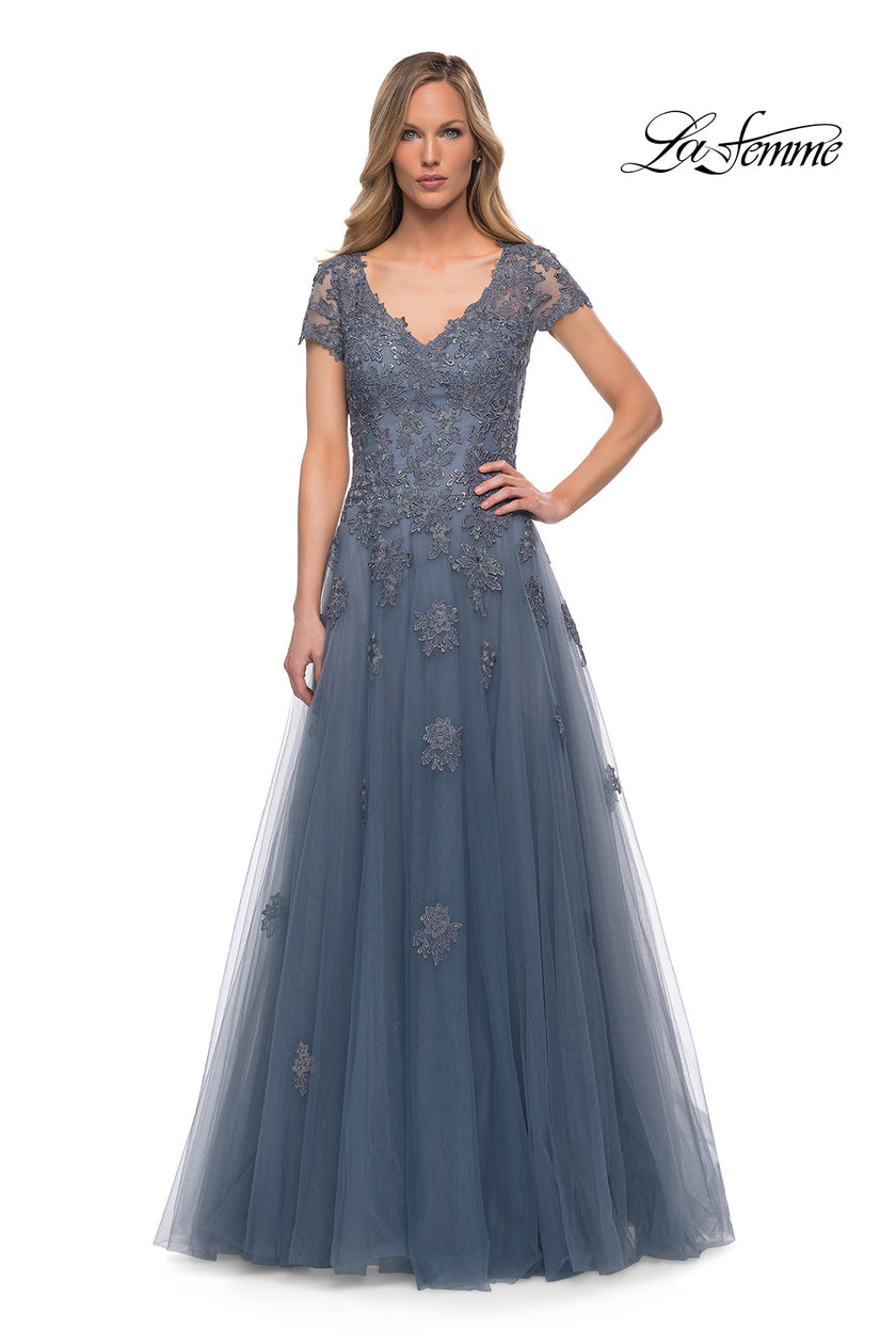 Picture of: Tulle A Line Gown with Lace Applique and V Neck, Style: 29380, Detail Picture 5