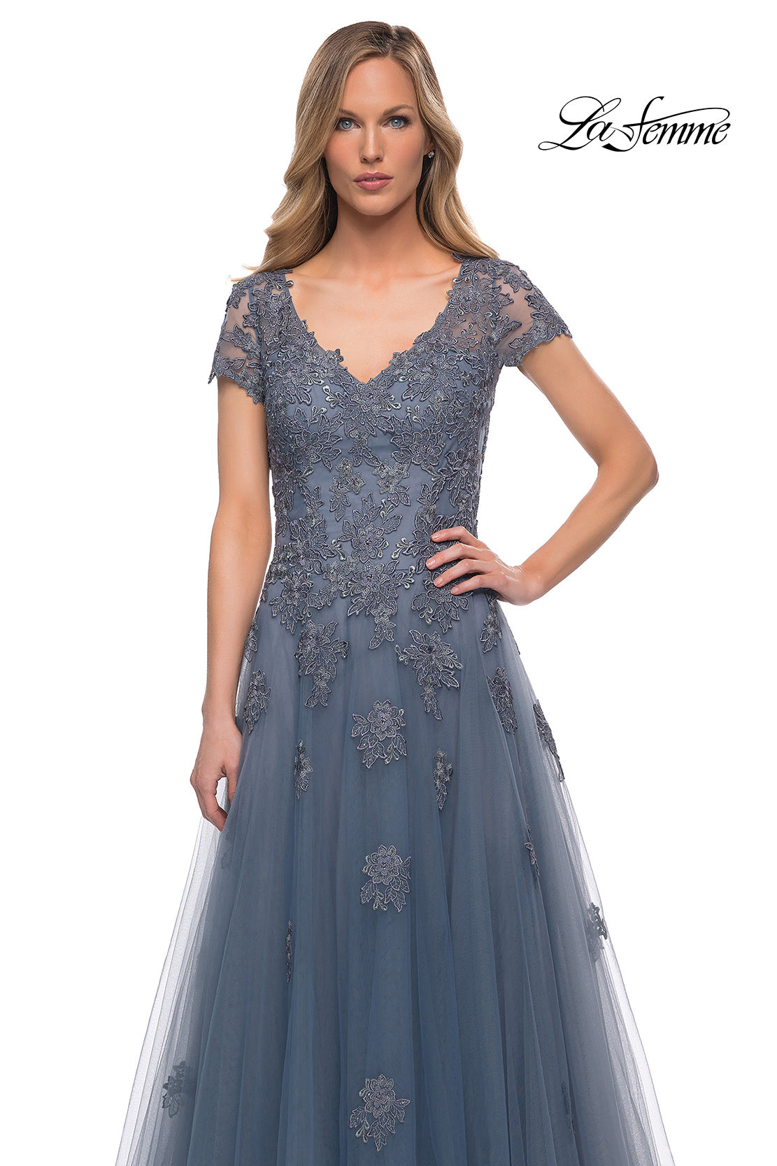 Picture of: Tulle A Line Gown with Lace Applique and V Neck, Style: 29380, Detail Picture 7