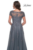 Picture of: A-Line Tulle Gown with Lace Applique and Short Sleeves in Slate Blue, Style: 30228, Detail Picture 7