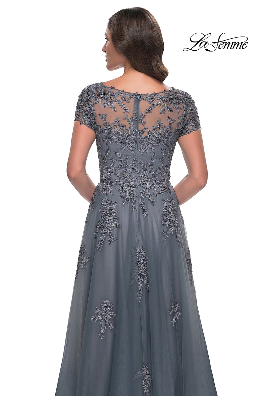 Picture of: A-Line Tulle Gown with Lace Applique and Short Sleeves in Slate Blue, Style: 30228, Detail Picture 7