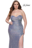Picture of: Strapless Ruched Sequin Plus Size Dress with Slit in Slate Blue, Style: 31983, Detail Picture 1