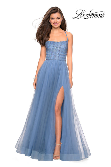 Picture of: Long A Line Tulle Prom Dress with Beading in Slate Blue, Style: 27668, Main Picture