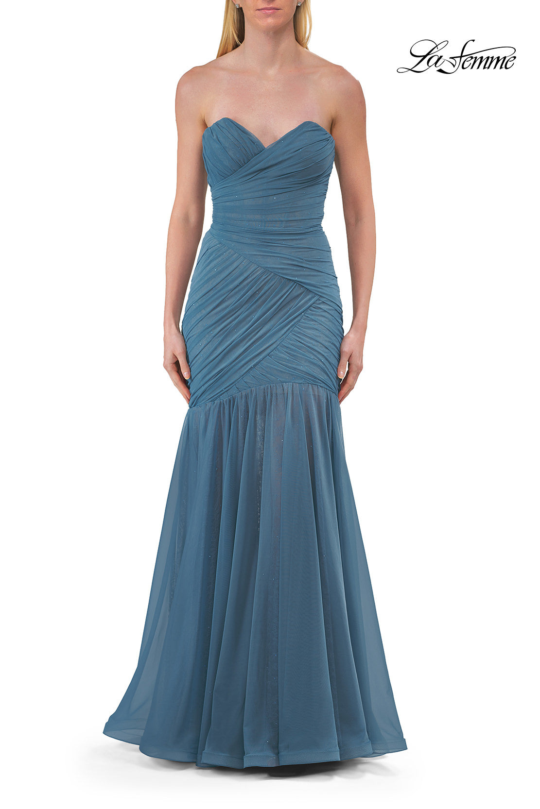 Picture of: Strapless Ruched Mesh Mermaid Evening Gown in Slate Blue, Style: 33588, Detail Picture 10
