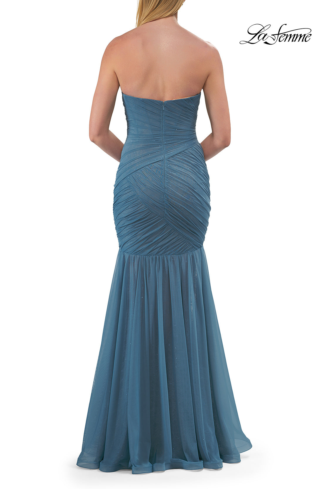 Picture of: Strapless Ruched Mesh Mermaid Evening Gown in Slate Blue, Style: 33588, Detail Picture 11