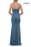 Picture of: Strapless Ruched Jersey Gown with Lace Lining in Slate Blue, Style: 33601, Detail Picture 12