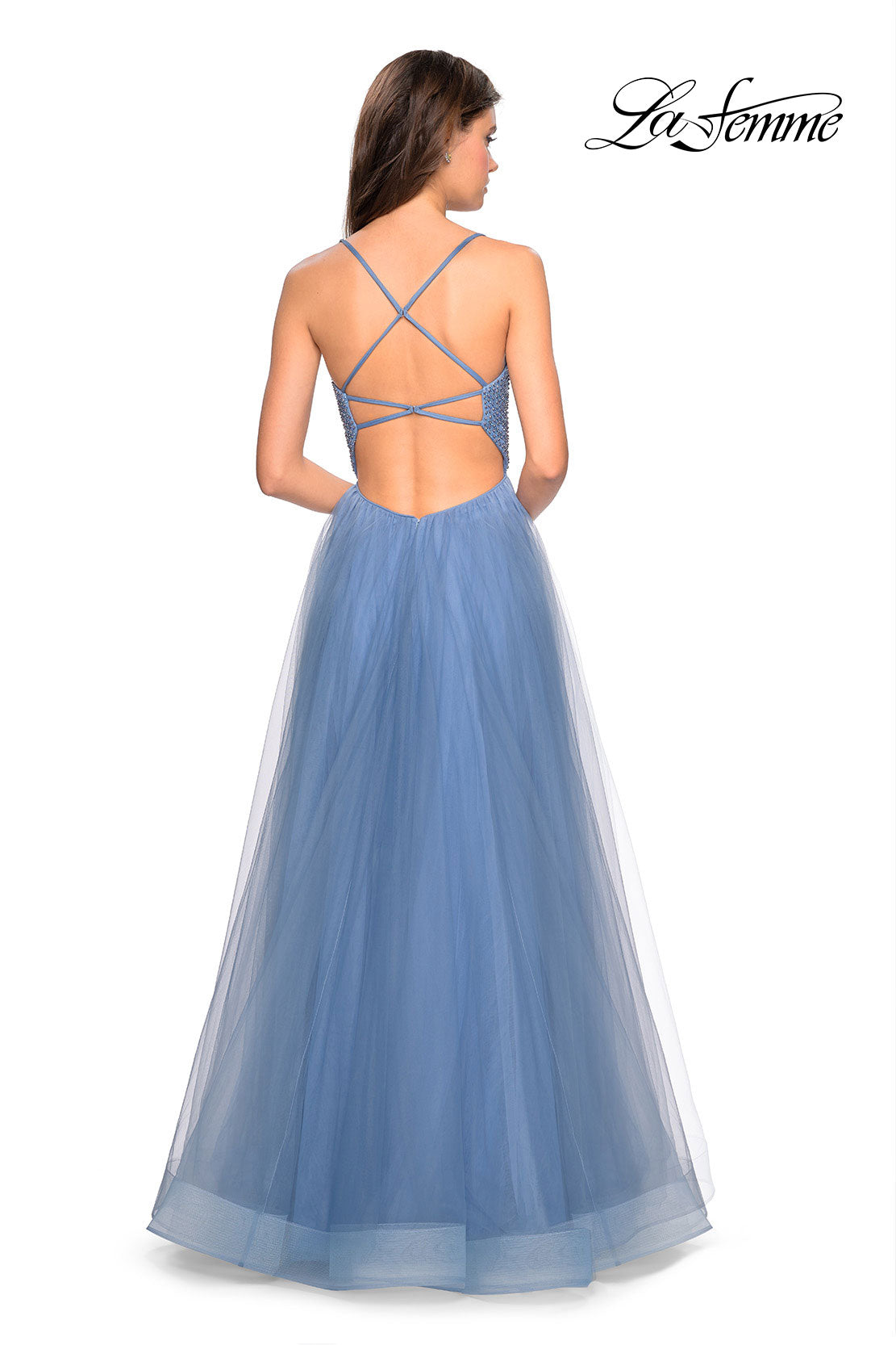 Picture of: Long A Line Tulle Prom Dress with Beading in Slate Blue, Style: 27668, Back Picture