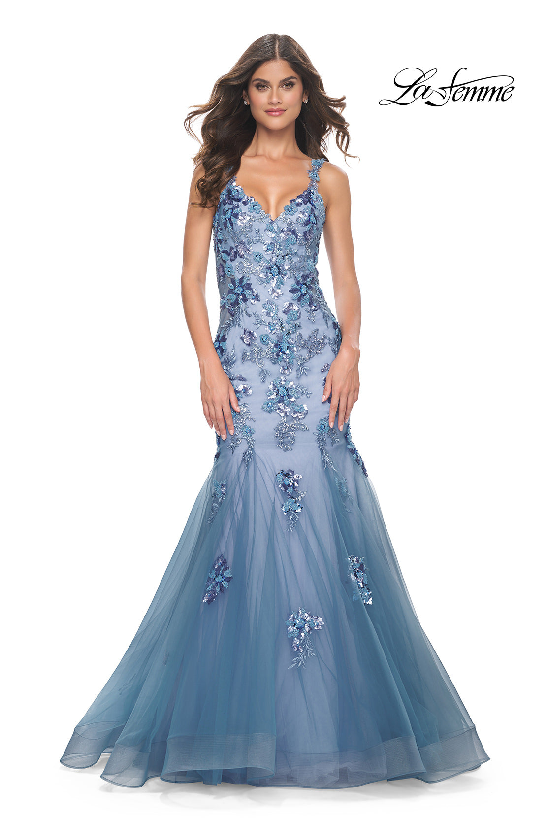 Picture of: Mermaid Two Tone Prom Dress with Sequin Lace Beaded Applique in Slate Blue, Style: 32192, Detail Picture 3