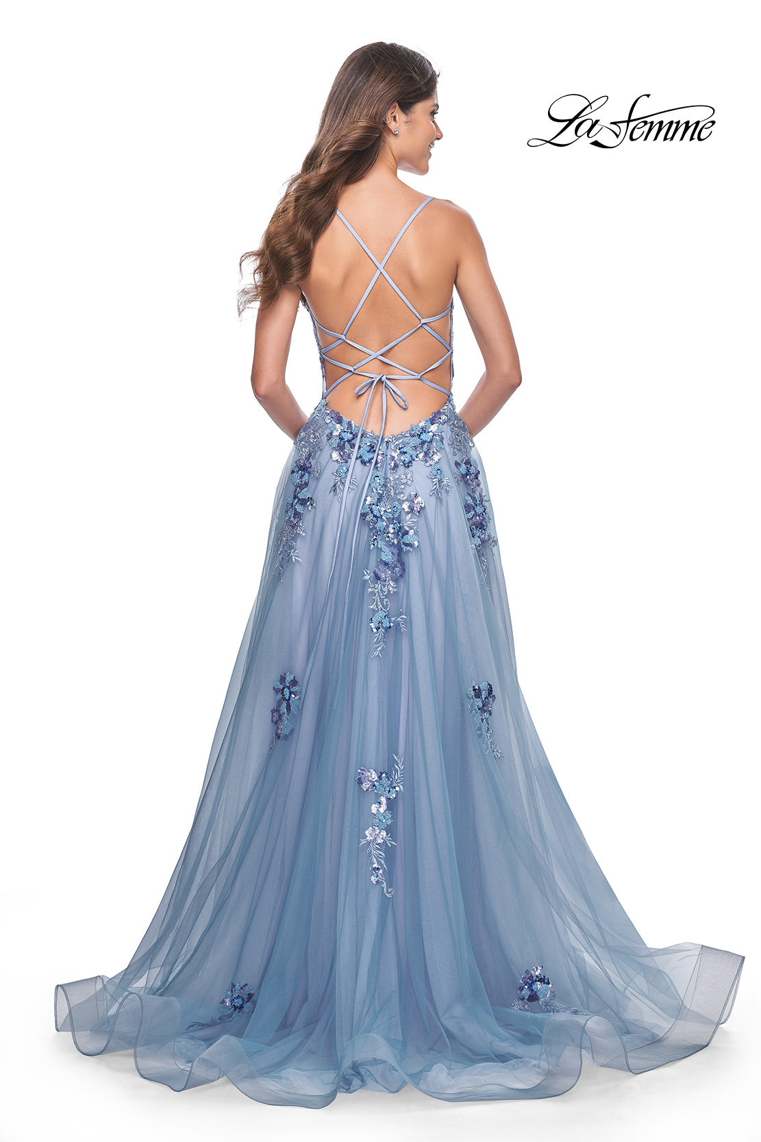 Picture of: Gorgeous Beaded Lace Applique Gown with Illusion Bodice in Slate Blue, Style: 32057, Detail Picture 4