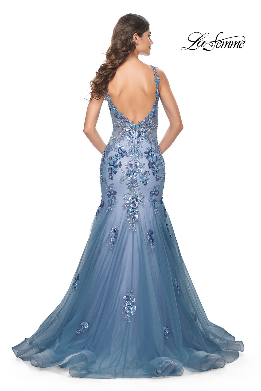 Picture of: Mermaid Two Tone Prom Dress with Sequin Lace Beaded Applique in Slate Blue, Style: 32192, Detail Picture 4