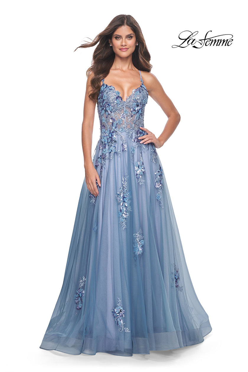 Picture of: Gorgeous Beaded Lace Applique Gown with Illusion Bodice in Slate Blue, Style: 32057, Detail Picture 7