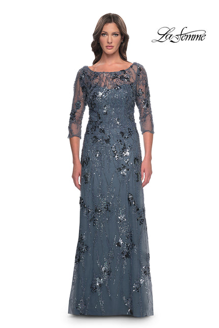 Picture of: Beaded Long Mother of the Bride Dress with Illusion Top in Slate Gray, Style: 31458, Main Picture
