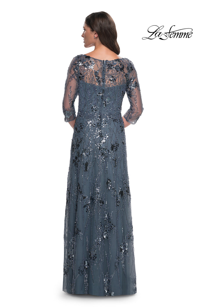 Picture of: Beaded Long Mother of the Bride Dress with Illusion Top in Slate Gray, Style: 31458, Back Picture