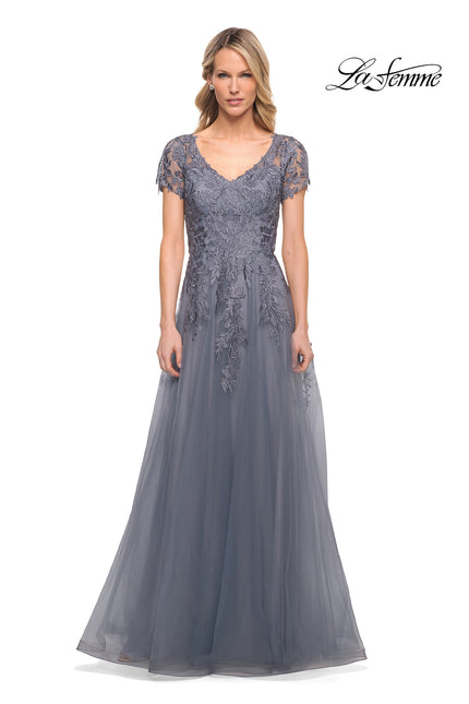 Picture of: Lace and Tulle A-line Evening Gown with Cap Sleeve in Blue, Style: 29164, Main Picture