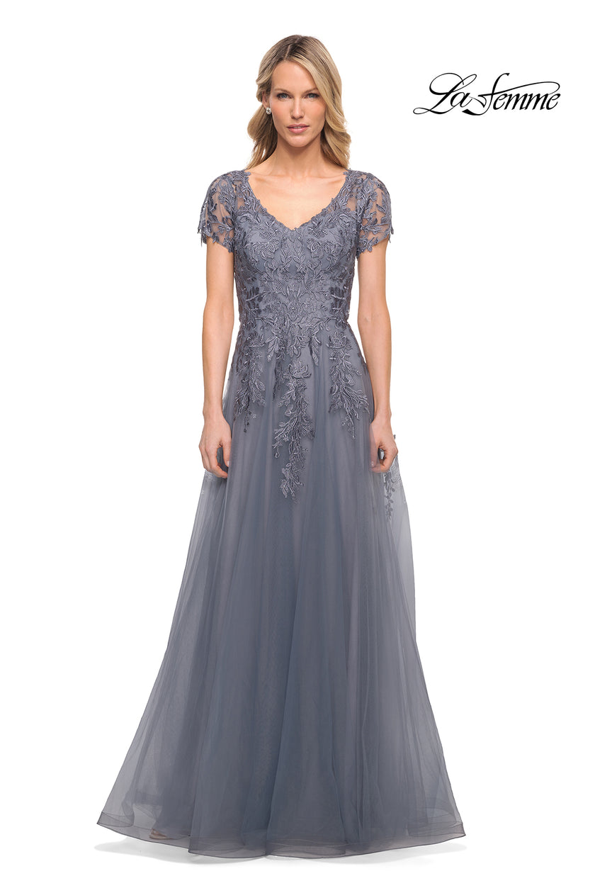Picture of: Lace and Tulle A-line Evening Gown with Cap Sleeve in Blue, Style: 29164, Main Picture