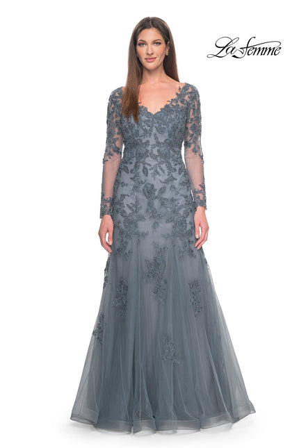 Picture of: Lace and Tulle A-Line Gown with Long Sleeves in Slate, Style: 31887, Main Picture