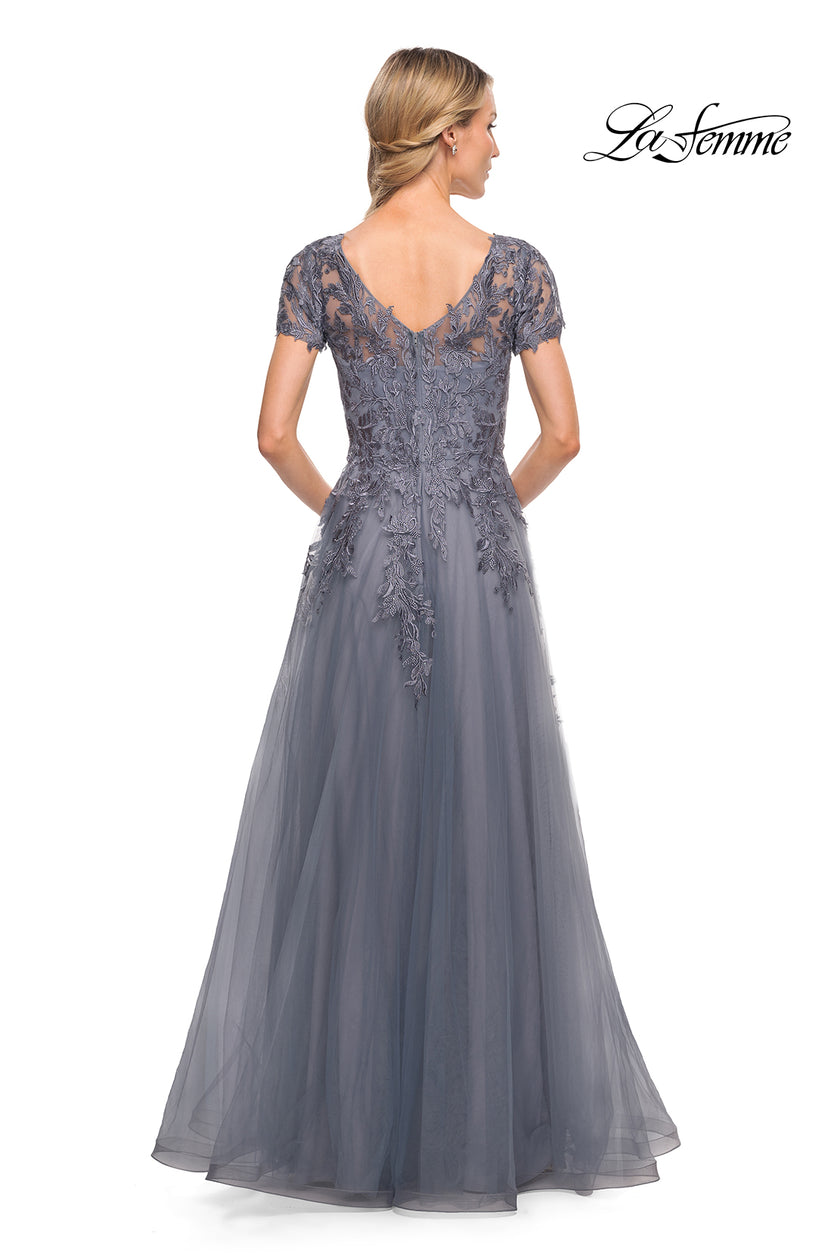 Picture of: Lace and Tulle A-line Evening Gown with Cap Sleeve in Blue, Style: 29164, Back Picture