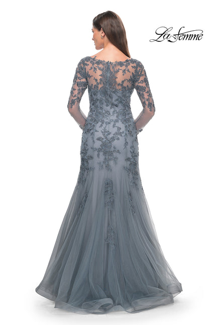 Picture of: Lace and Tulle A-Line Gown with Long Sleeves in Slate, Style: 31887, Back Picture