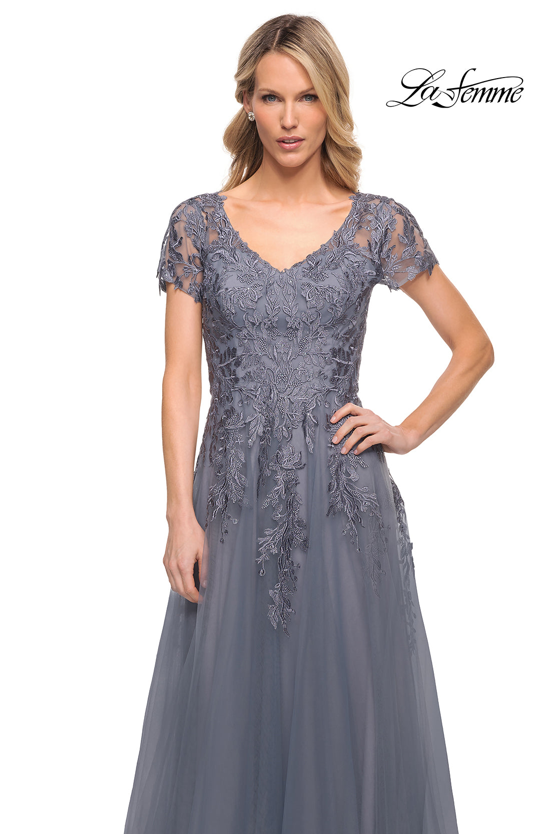 Picture of: Lace and Tulle A-line Evening Gown with Cap Sleeve in Blue, Style: 29164, Detail Picture 2