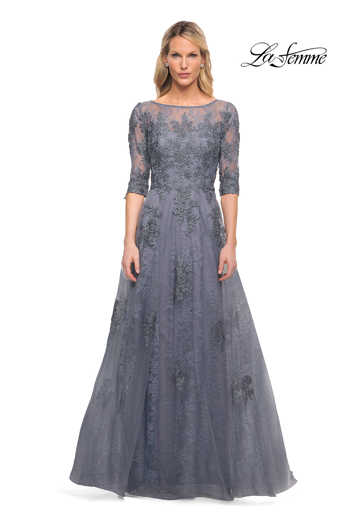 Picture of: Lace and Tulle A-line Gown with Three Quarter Sleeves, Style: 28036, Detail Picture 3