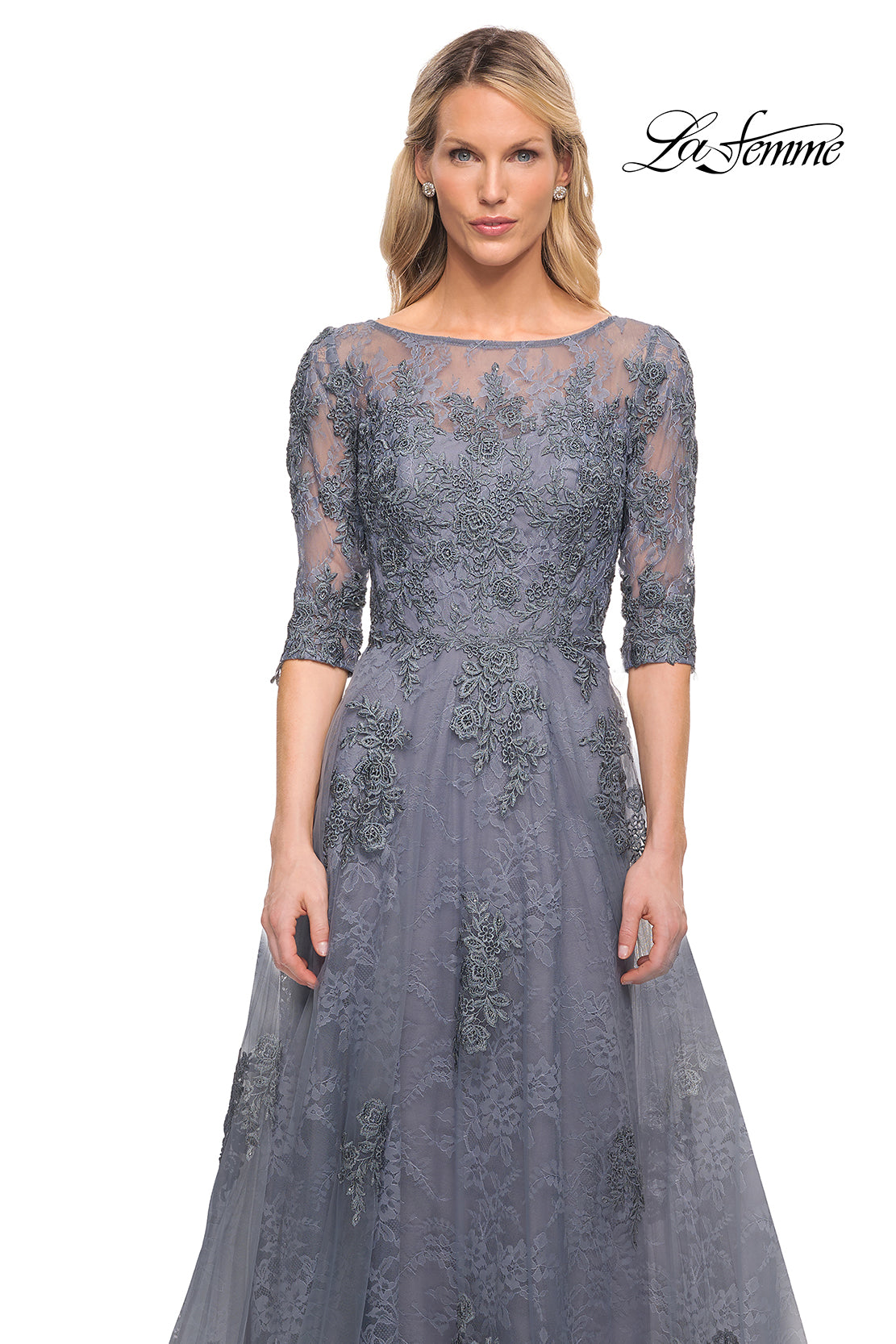 Picture of: Lace and Tulle A-line Gown with Three Quarter Sleeves, Style: 28036, Detail Picture 5