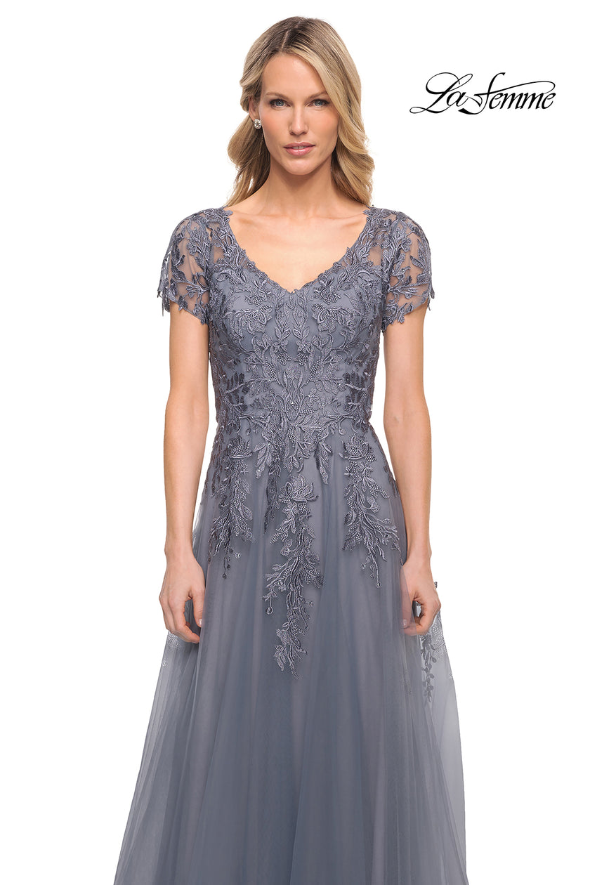 Picture of: Lace and Tulle A-line Evening Gown with Cap Sleeve in Blue, Style: 29164, Detail Picture 6
