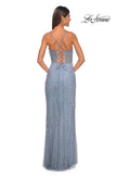 Picture of: Fishnet Rhinestone Fitted Dress with Bustier Top and High Neckline in Slate, Style: 32227, Detail Picture 16